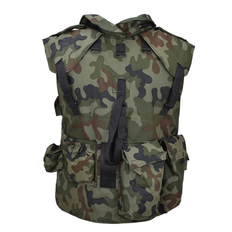 Gilet tactique militaire polonais d'origine avec plaque de transport camouflage Woodland