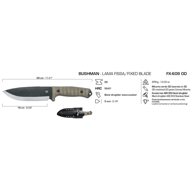 Couteau à lame fixe Fox Knives BUSHMAN en acier D2, manche en micarta pour la survie et le combat