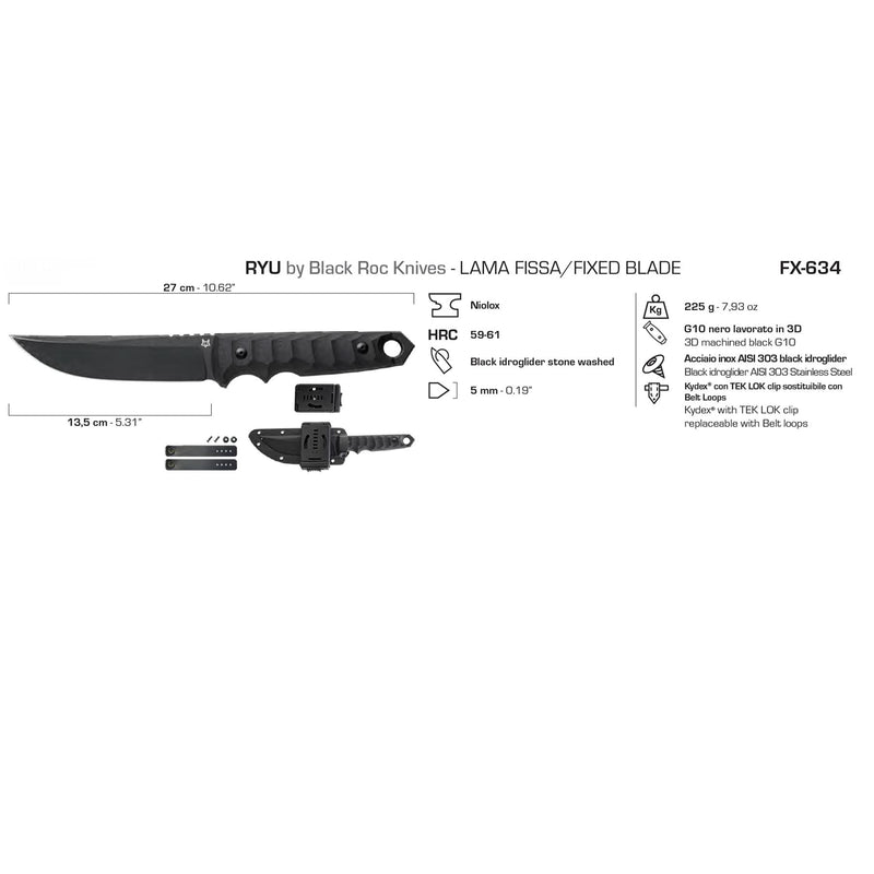 Couteau à lame fixe tactique Fox Knives RYU en forme de tanto modifié, noir délavé à la pierre