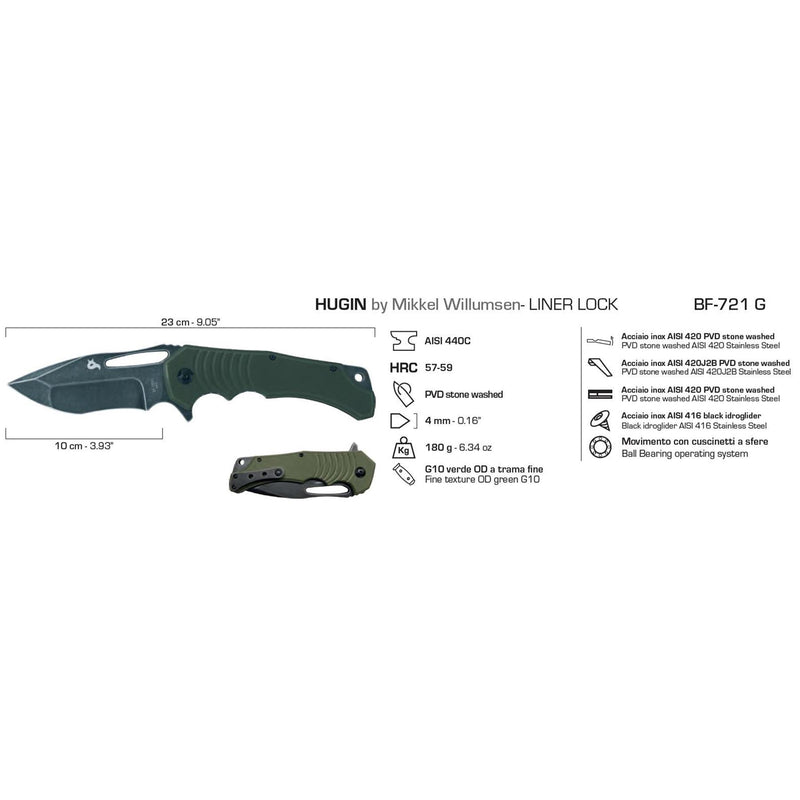 Couteau de poche Fox Knives Hugin manche vert G10 lame noire à bord lisse en acier 440C